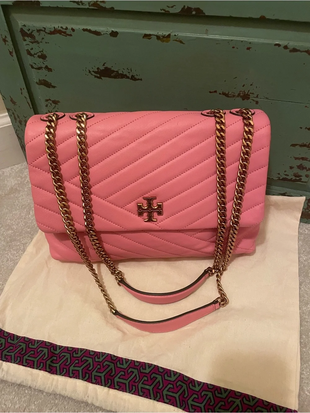 Tory Burch Pink Chevron Quilted Shoulder Bag with Gold Chain